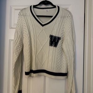 Garage Women's Cream Cable Knit Sweater with Navy Trim